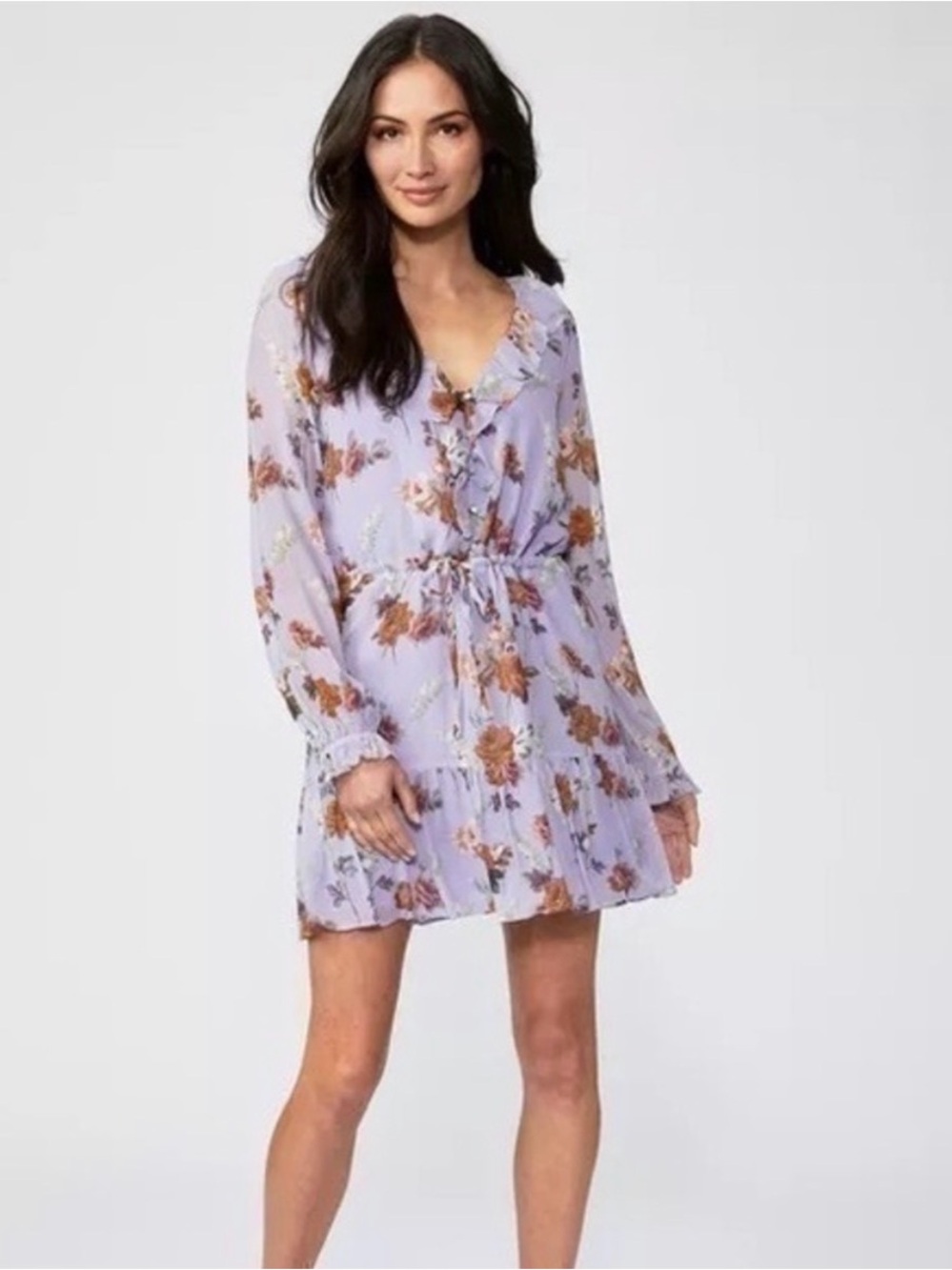 Paige Anjelina Silk Ruffled Floral DRESS lined Long Slv NWOT